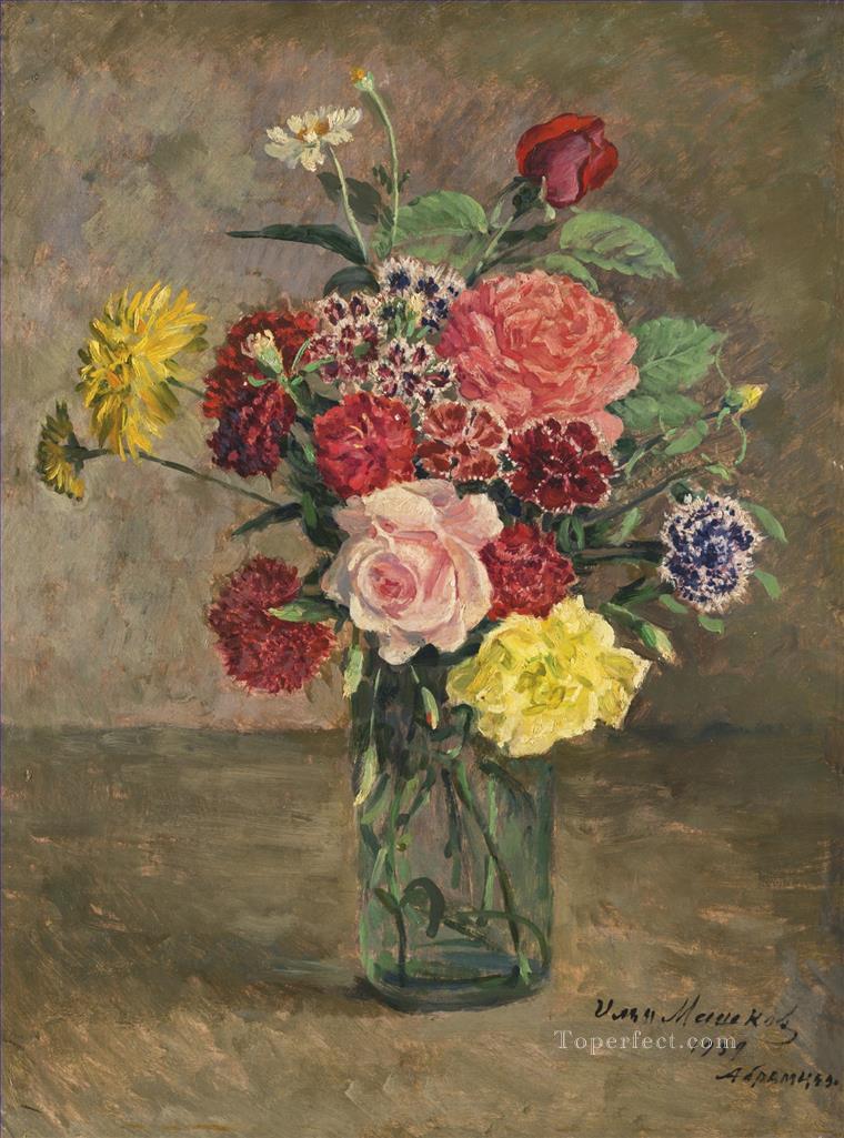 BODEGÓN CON ROSAS Y CLAVELES EN TARRO DE CRISTAL Ilya Mashkov flores impresionismo Pintura al óleo